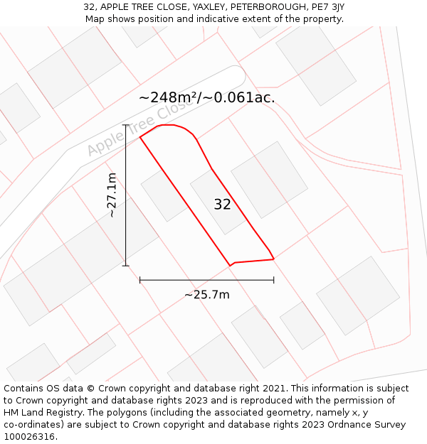 32, APPLE TREE CLOSE, YAXLEY, PETERBOROUGH, PE7 3JY: Plot and title map