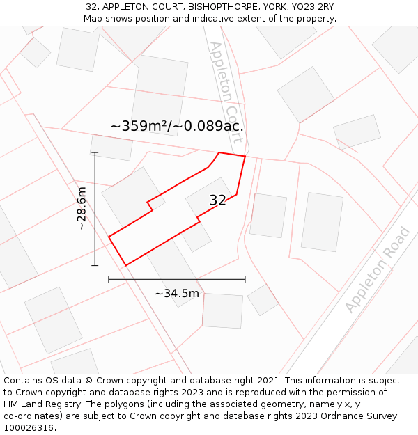 32, APPLETON COURT, BISHOPTHORPE, YORK, YO23 2RY: Plot and title map