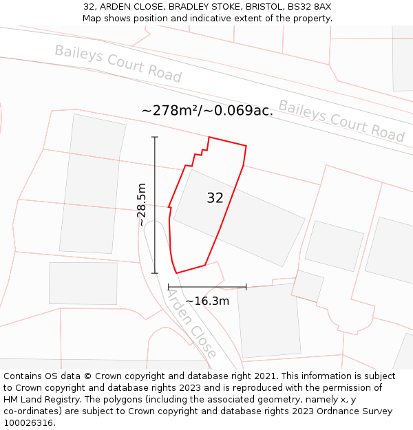 32, ARDEN CLOSE, BRADLEY STOKE, BRISTOL, BS32 8AX: Plot and title map