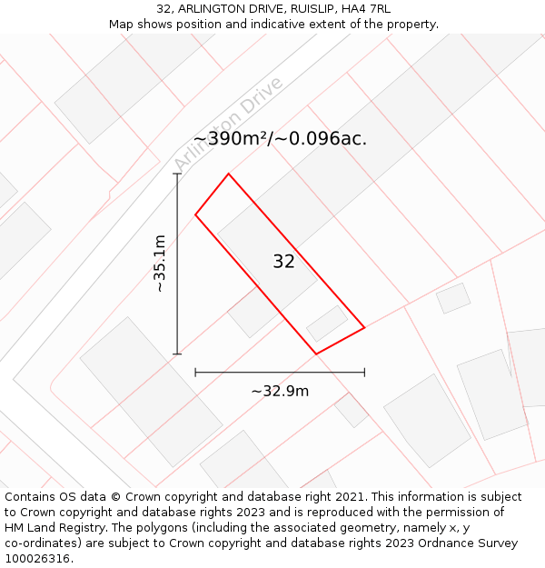 32, ARLINGTON DRIVE, RUISLIP, HA4 7RL: Plot and title map