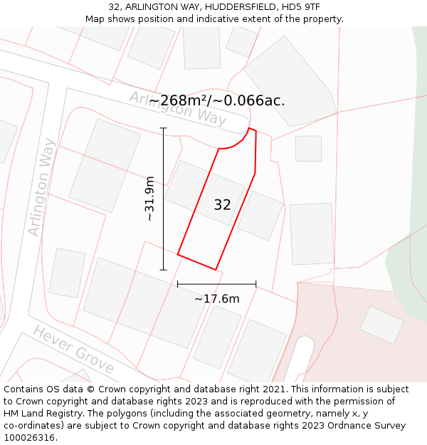 32, ARLINGTON WAY, HUDDERSFIELD, HD5 9TF: Plot and title map