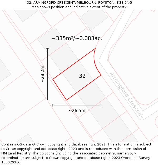 32, ARMINGFORD CRESCENT, MELBOURN, ROYSTON, SG8 6NG: Plot and title map