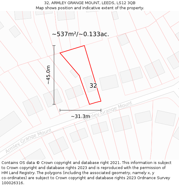 32, ARMLEY GRANGE MOUNT, LEEDS, LS12 3QB: Plot and title map