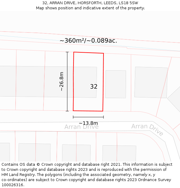32, ARRAN DRIVE, HORSFORTH, LEEDS, LS18 5SW: Plot and title map