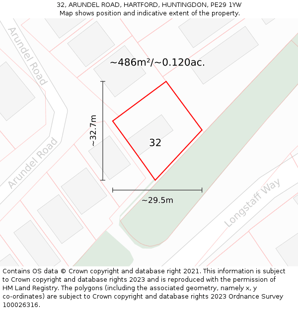 32, ARUNDEL ROAD, HARTFORD, HUNTINGDON, PE29 1YW: Plot and title map