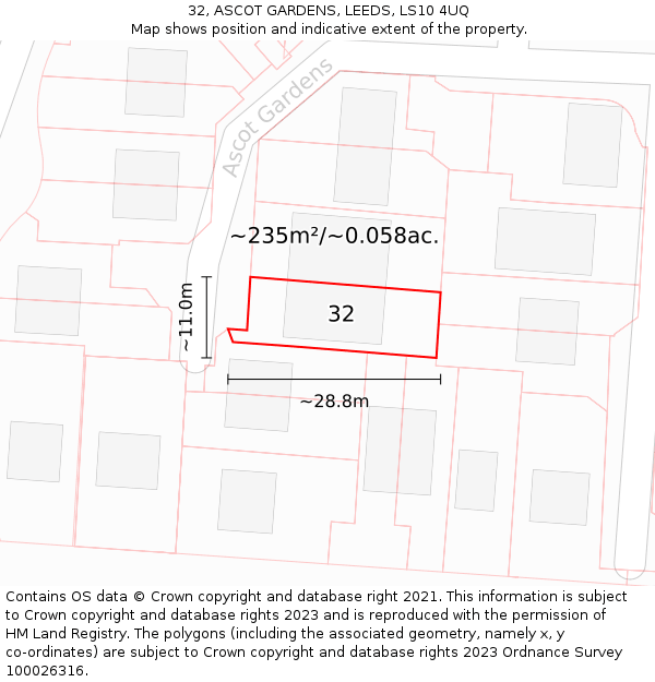 32, ASCOT GARDENS, LEEDS, LS10 4UQ: Plot and title map