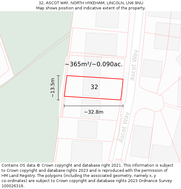 32, ASCOT WAY, NORTH HYKEHAM, LINCOLN, LN6 9NU: Plot and title map
