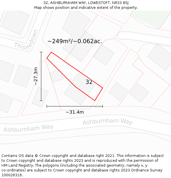 32, ASHBURNHAM WAY, LOWESTOFT, NR33 8SJ: Plot and title map