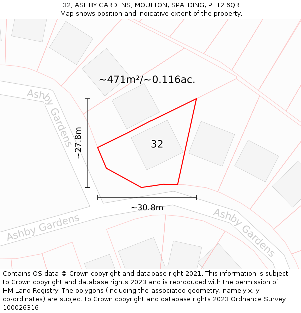 32, ASHBY GARDENS, MOULTON, SPALDING, PE12 6QR: Plot and title map
