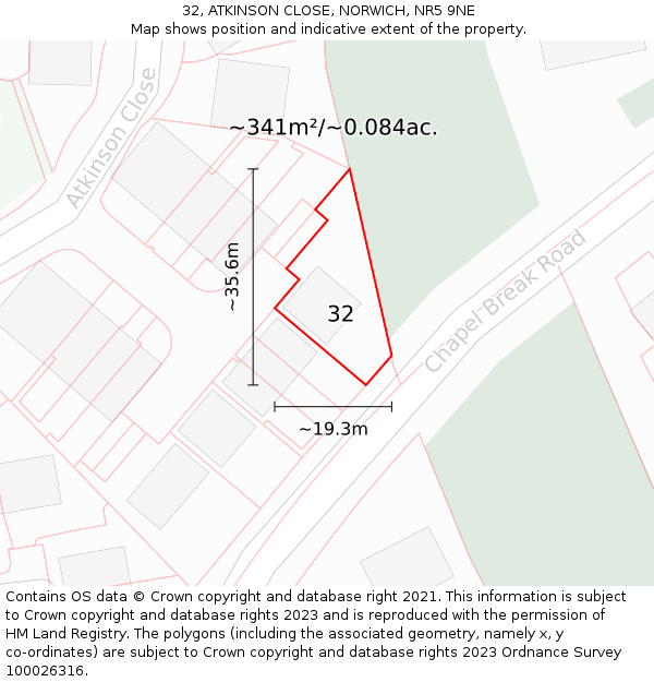 32, ATKINSON CLOSE, NORWICH, NR5 9NE: Plot and title map