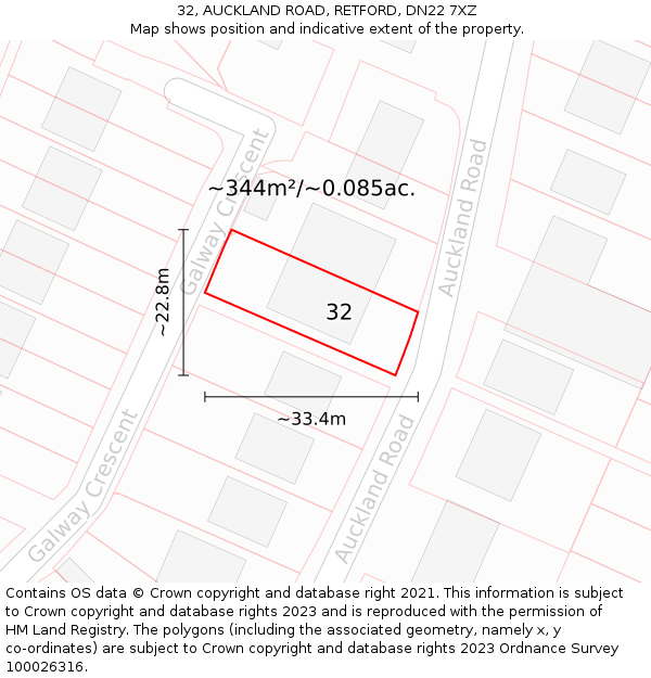 32, AUCKLAND ROAD, RETFORD, DN22 7XZ: Plot and title map