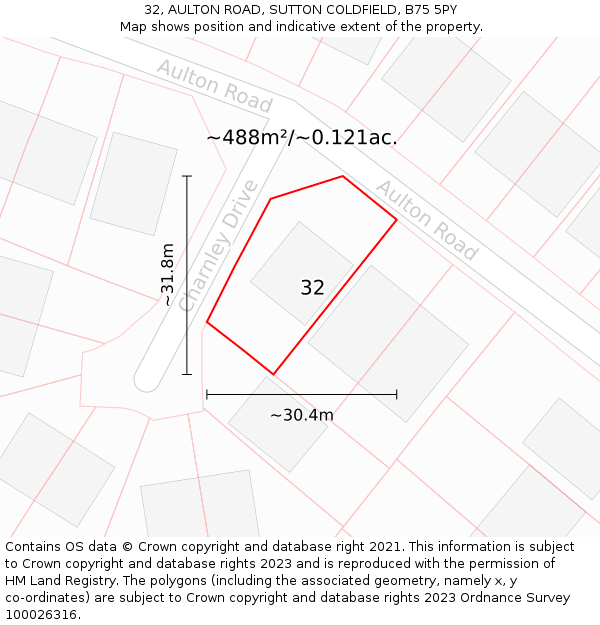 32, AULTON ROAD, SUTTON COLDFIELD, B75 5PY: Plot and title map
