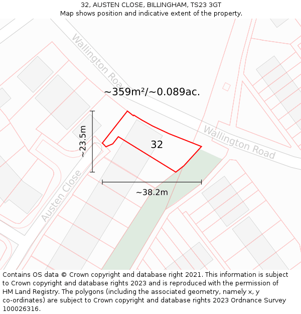 32, AUSTEN CLOSE, BILLINGHAM, TS23 3GT: Plot and title map