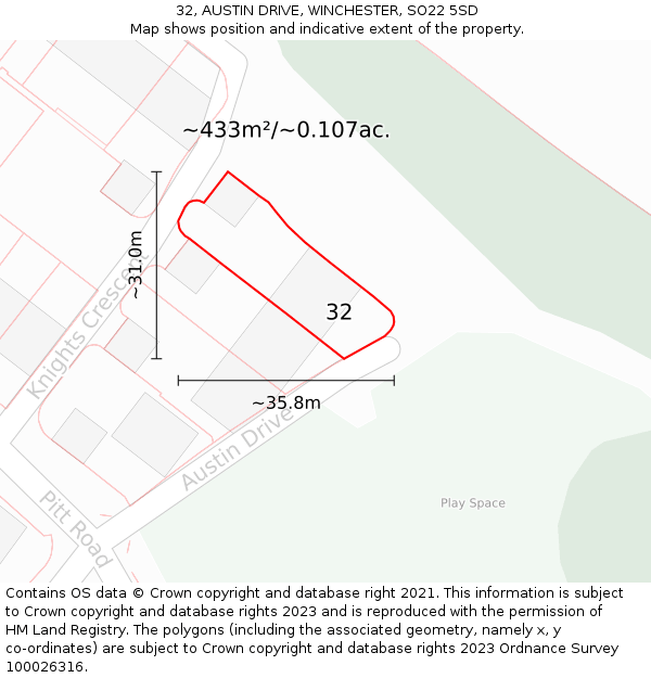 32, AUSTIN DRIVE, WINCHESTER, SO22 5SD: Plot and title map