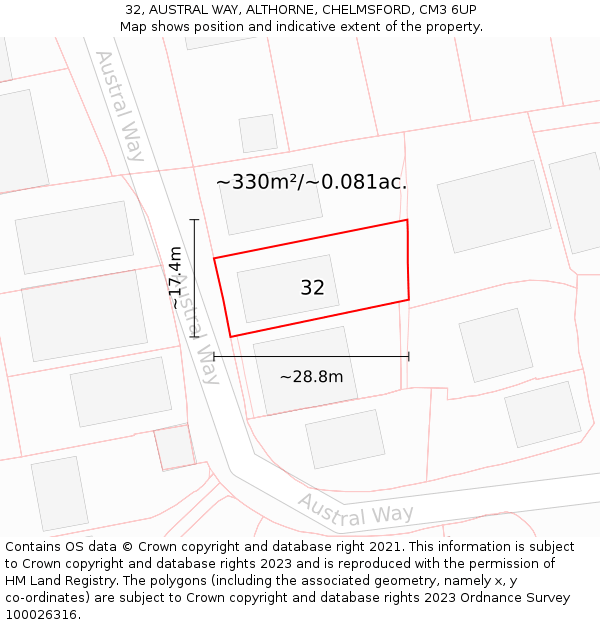 32, AUSTRAL WAY, ALTHORNE, CHELMSFORD, CM3 6UP: Plot and title map
