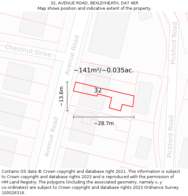 32, AVENUE ROAD, BEXLEYHEATH, DA7 4ER: Plot and title map