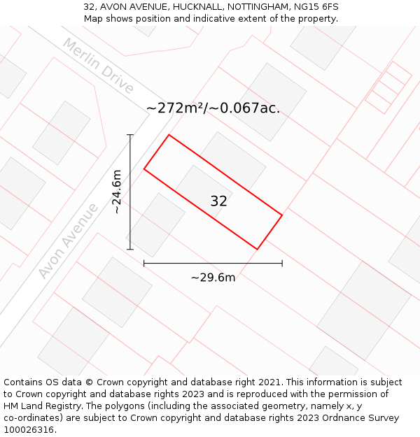 32, AVON AVENUE, HUCKNALL, NOTTINGHAM, NG15 6FS: Plot and title map