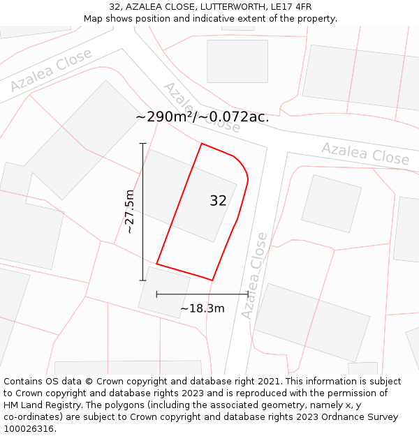 32, AZALEA CLOSE, LUTTERWORTH, LE17 4FR: Plot and title map