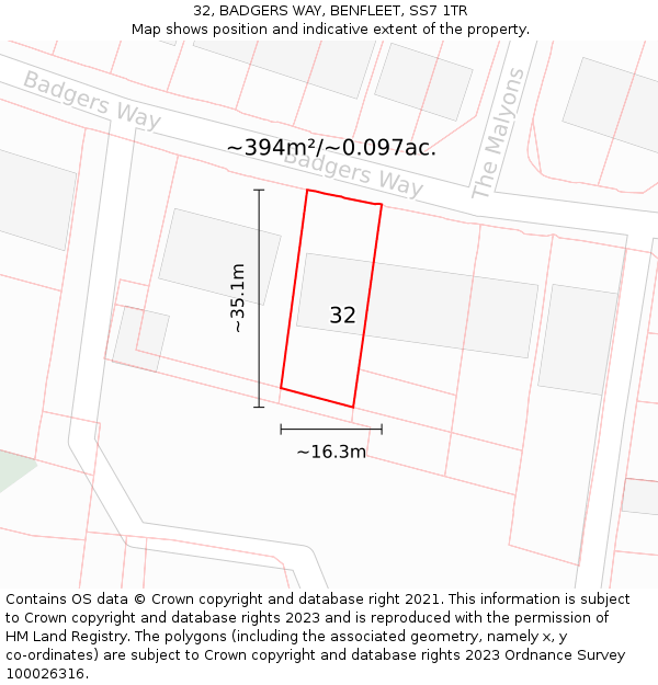 32, BADGERS WAY, BENFLEET, SS7 1TR: Plot and title map