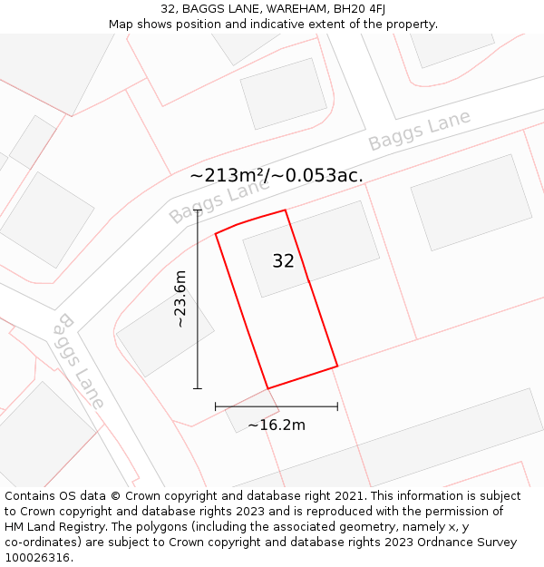 32, BAGGS LANE, WAREHAM, BH20 4FJ: Plot and title map