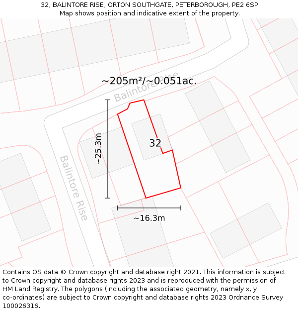 32, BALINTORE RISE, ORTON SOUTHGATE, PETERBOROUGH, PE2 6SP: Plot and title map