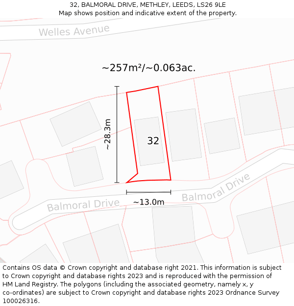 32, BALMORAL DRIVE, METHLEY, LEEDS, LS26 9LE: Plot and title map