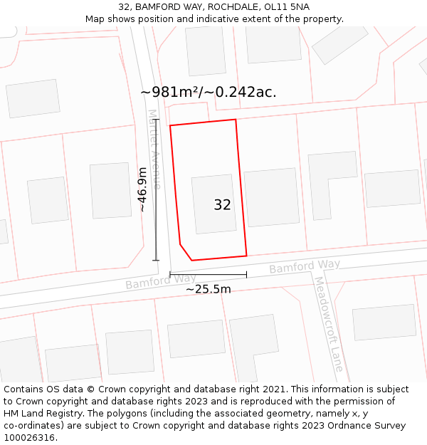 32, BAMFORD WAY, ROCHDALE, OL11 5NA: Plot and title map