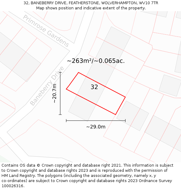 32, BANEBERRY DRIVE, FEATHERSTONE, WOLVERHAMPTON, WV10 7TR: Plot and title map