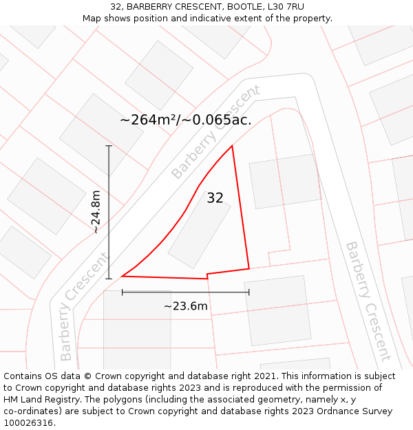 32, BARBERRY CRESCENT, BOOTLE, L30 7RU: Plot and title map