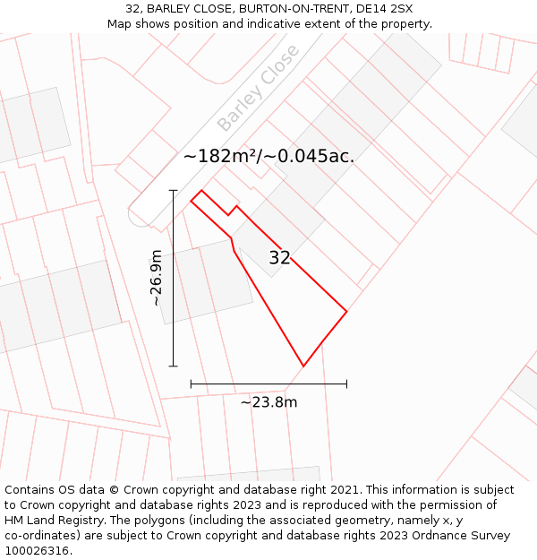 32, BARLEY CLOSE, BURTON-ON-TRENT, DE14 2SX: Plot and title map