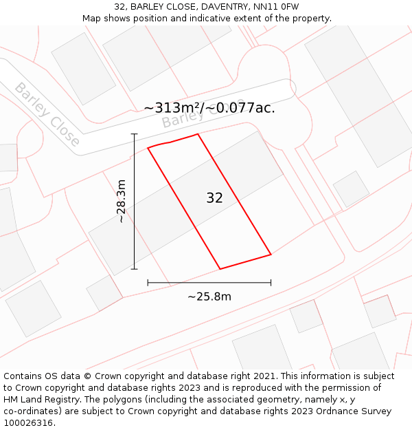 32, BARLEY CLOSE, DAVENTRY, NN11 0FW: Plot and title map