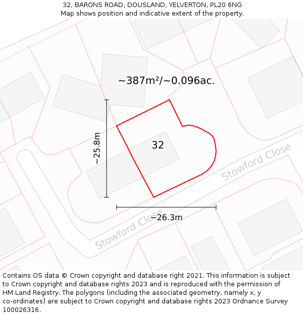 32, BARONS ROAD, DOUSLAND, YELVERTON, PL20 6NG: Plot and title map