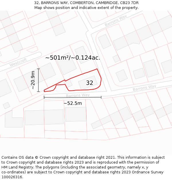 32, BARRONS WAY, COMBERTON, CAMBRIDGE, CB23 7DR: Plot and title map