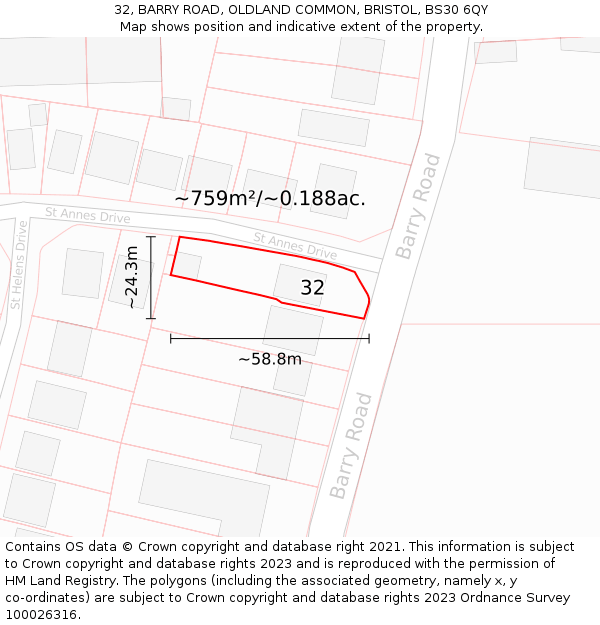 32, BARRY ROAD, OLDLAND COMMON, BRISTOL, BS30 6QY: Plot and title map
