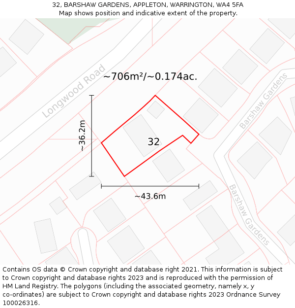 32, BARSHAW GARDENS, APPLETON, WARRINGTON, WA4 5FA: Plot and title map