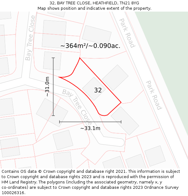 32, BAY TREE CLOSE, HEATHFIELD, TN21 8YG: Plot and title map