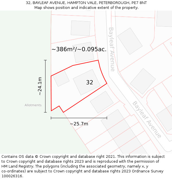 32, BAYLEAF AVENUE, HAMPTON VALE, PETERBOROUGH, PE7 8NT: Plot and title map