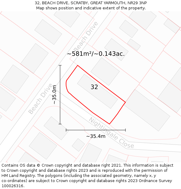 32, BEACH DRIVE, SCRATBY, GREAT YARMOUTH, NR29 3NP: Plot and title map