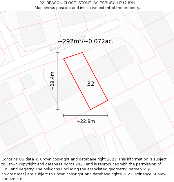 32, BEACON CLOSE, STONE, AYLESBURY, HP17 8YH: Plot and title map