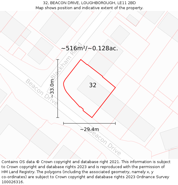 32, BEACON DRIVE, LOUGHBOROUGH, LE11 2BD: Plot and title map