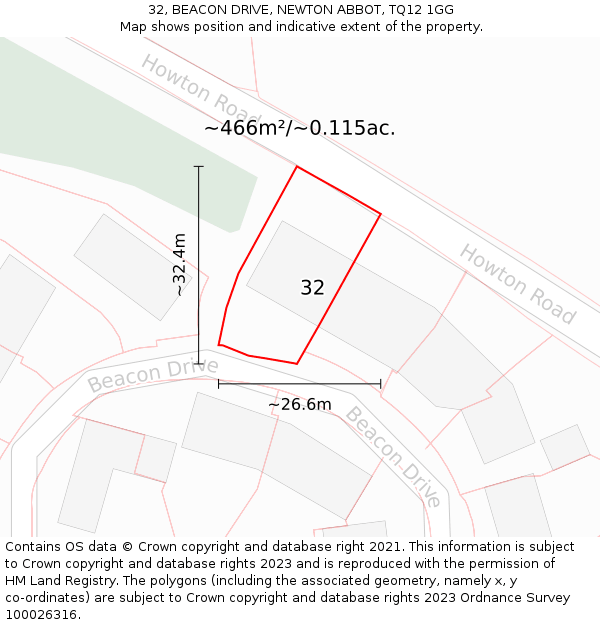 32, BEACON DRIVE, NEWTON ABBOT, TQ12 1GG: Plot and title map