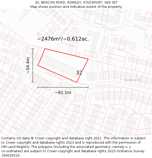 32, BEACON ROAD, ROMILEY, STOCKPORT, SK6 3ET: Plot and title map