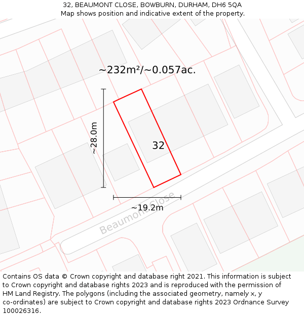 32, BEAUMONT CLOSE, BOWBURN, DURHAM, DH6 5QA: Plot and title map
