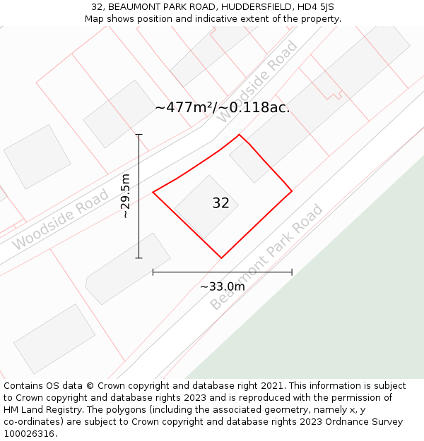 32, BEAUMONT PARK ROAD, HUDDERSFIELD, HD4 5JS: Plot and title map