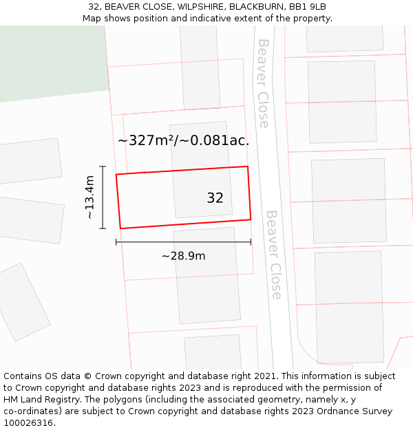 32, BEAVER CLOSE, WILPSHIRE, BLACKBURN, BB1 9LB: Plot and title map