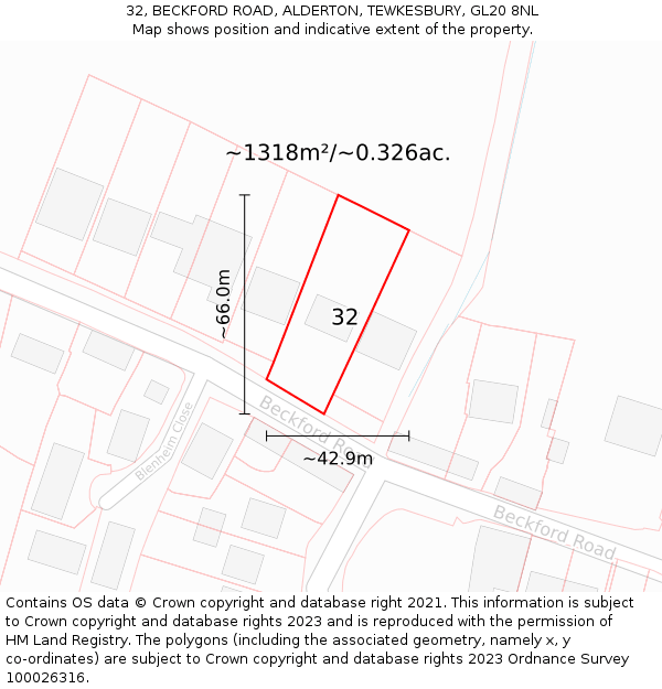 32, BECKFORD ROAD, ALDERTON, TEWKESBURY, GL20 8NL: Plot and title map