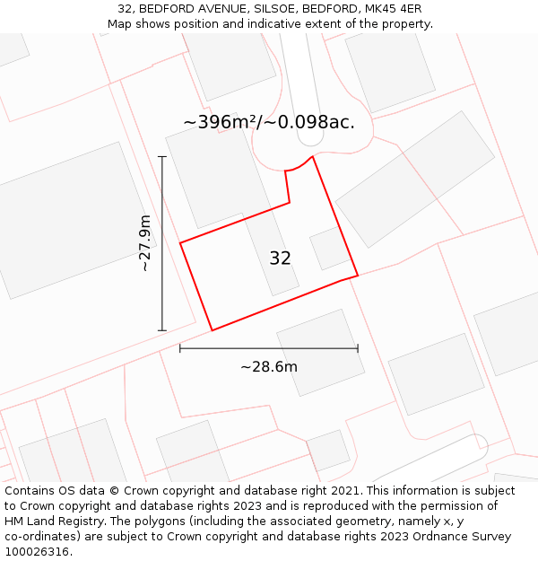 32, BEDFORD AVENUE, SILSOE, BEDFORD, MK45 4ER: Plot and title map