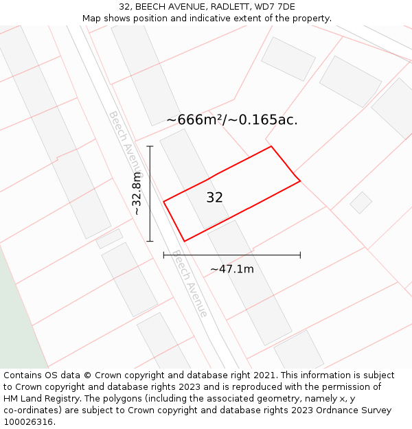 32, BEECH AVENUE, RADLETT, WD7 7DE: Plot and title map