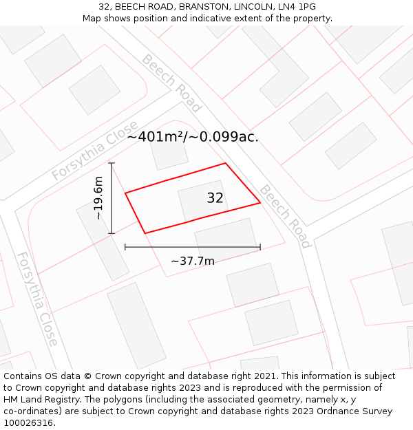 32, BEECH ROAD, BRANSTON, LINCOLN, LN4 1PG: Plot and title map
