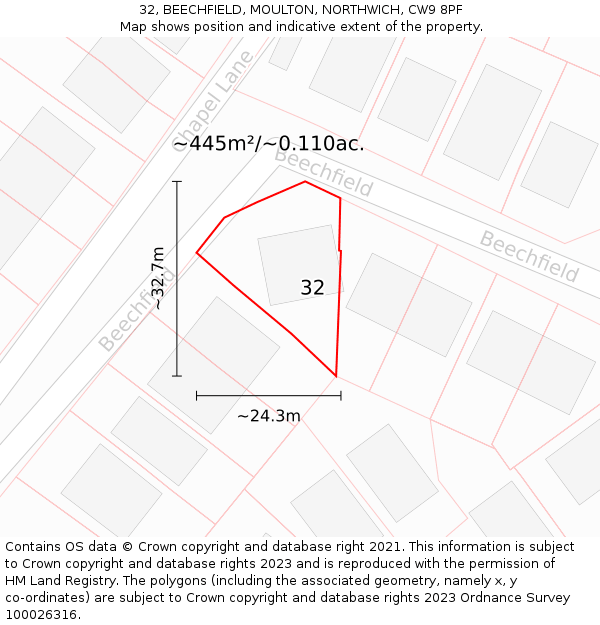 32, BEECHFIELD, MOULTON, NORTHWICH, CW9 8PF: Plot and title map